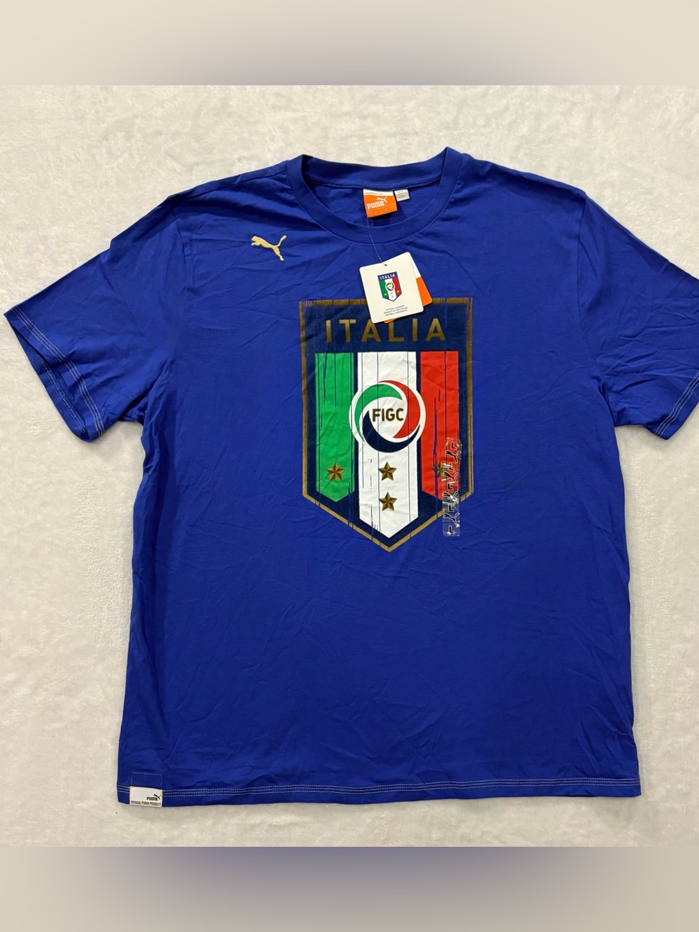 NWT Puma Italia Badge FIGC Italy Graphic Blue Cotton T- Shirt Men’s Size L